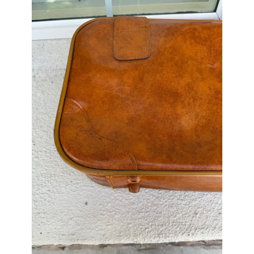 vintage 1970s tan faux-leather carry on suitcase luggage 70s jet set masculine